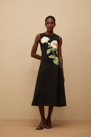 Aurohaya Mackenzie Black Floral Embroidered Midi Dress