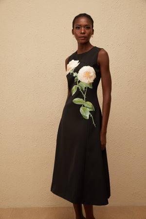 Aurohaya Mackenzie Black Floral Embroidered Midi Dress
