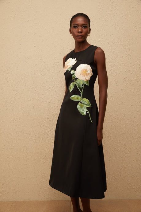 Aurohaya Mackenzie Black Floral Embroidered Midi Dress