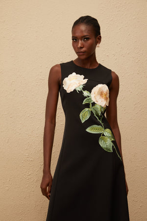 Aurohaya Mackenzie Black Floral Embroidered Midi Dress