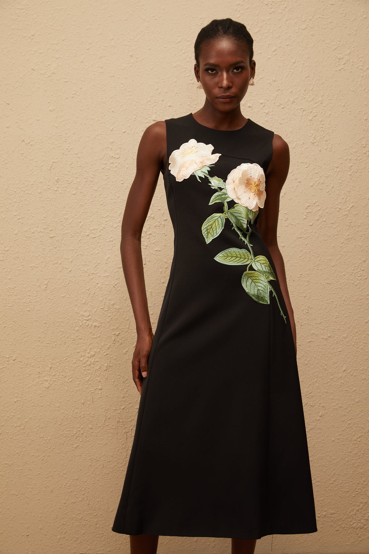 Aurohaya Mackenzie Black Floral Embroidered Midi Dress