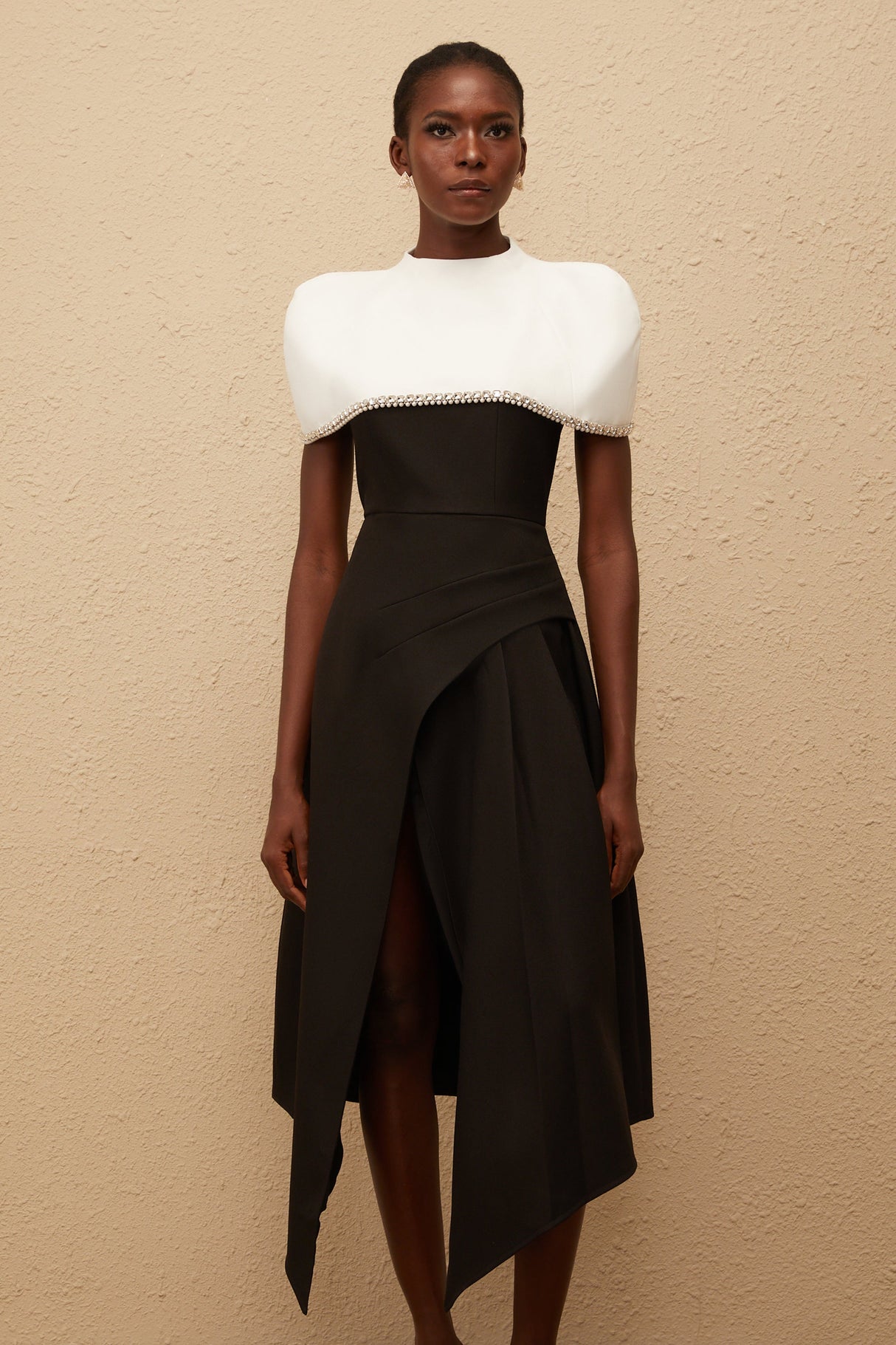 Aurohaya Fabienne Color Block Midi Dress with Embellished Shawl