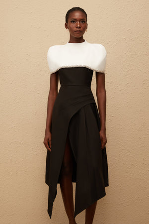 Aurohaya Fabienne Color Block Midi Dress with Embellished Shawl