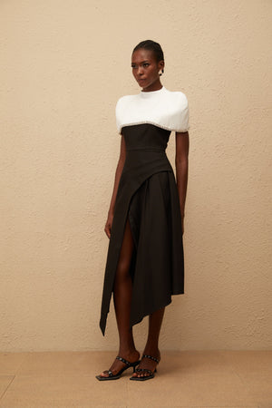 Aurohaya Fabienne Color Block Midi Dress with Embellished Shawl