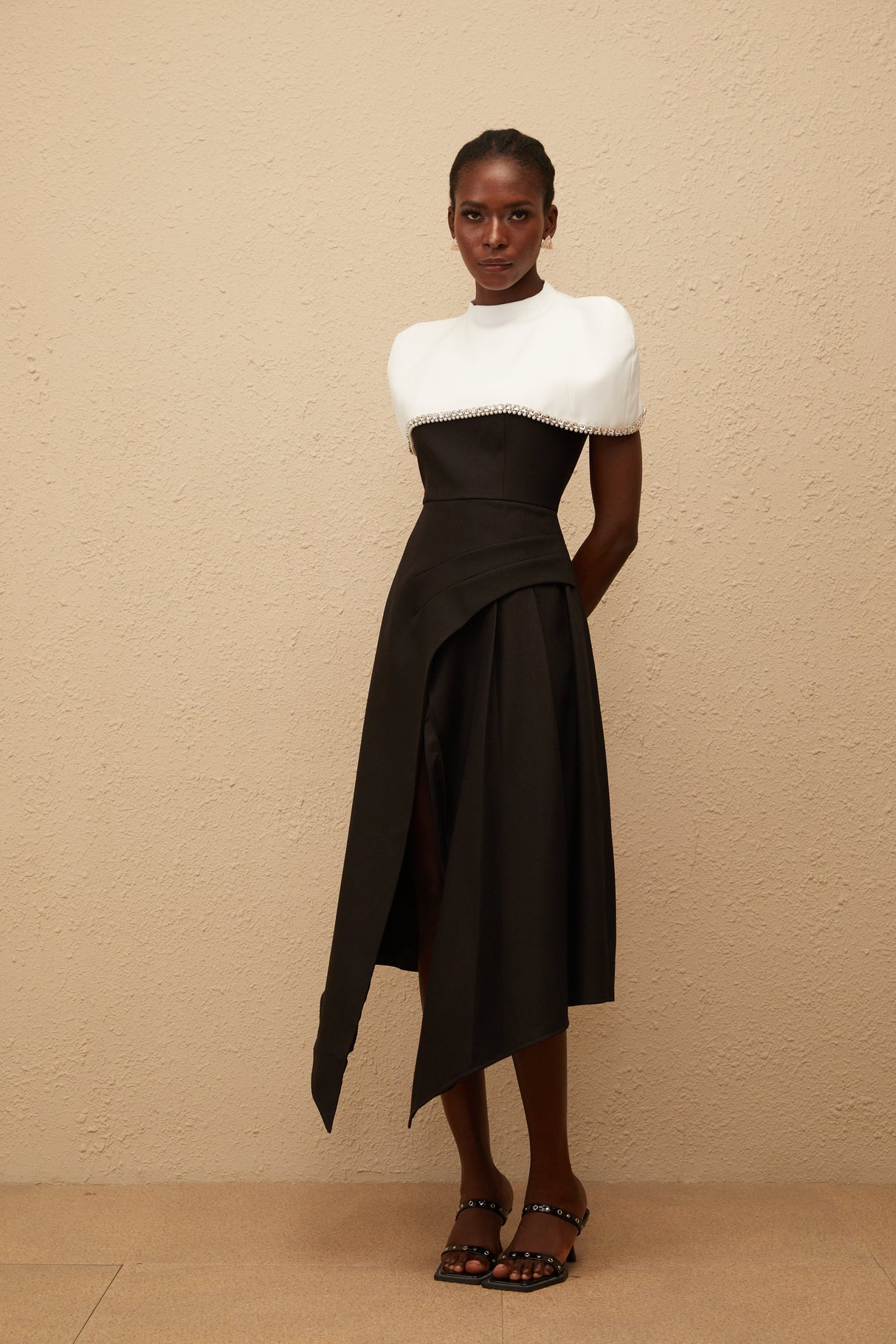 Aurohaya Fabienne Color Block Midi Dress with Embellished Shawl
