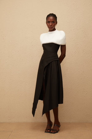 Aurohaya Fabienne Color Block Midi Dress with Embellished Shawl