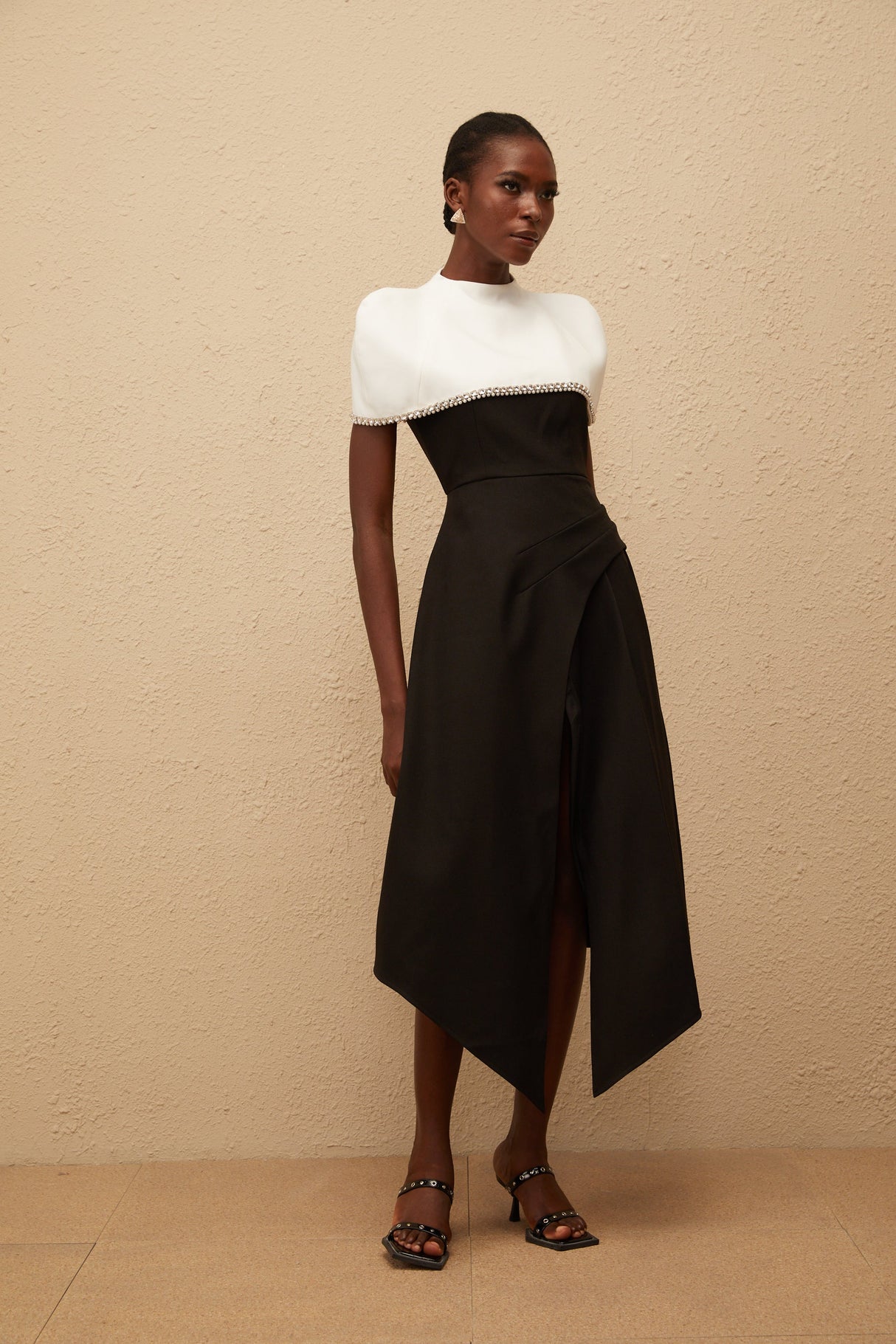 Aurohaya Fabienne Color Block Midi Dress with Embellished Shawl