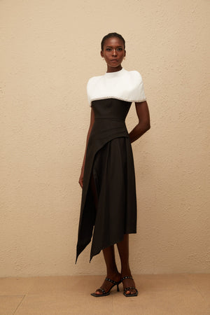 Aurohaya Fabienne Color Block Midi Dress with Embellished Shawl
