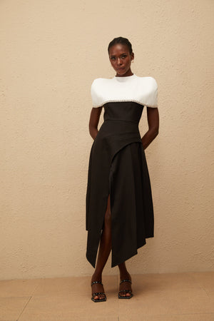 Aurohaya Fabienne Color Block Midi Dress with Embellished Shawl