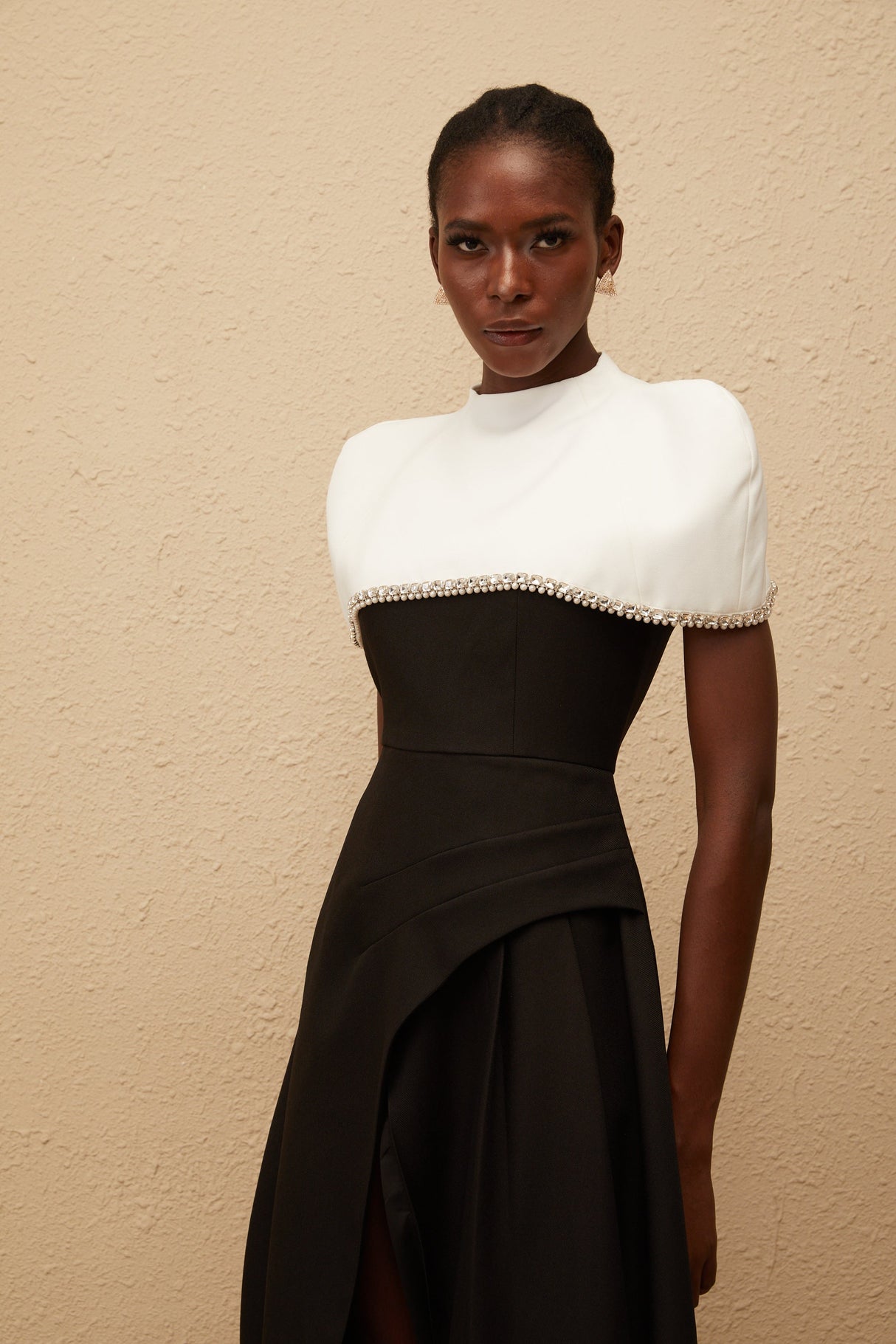 Aurohaya Fabienne Color Block Midi Dress with Embellished Shawl