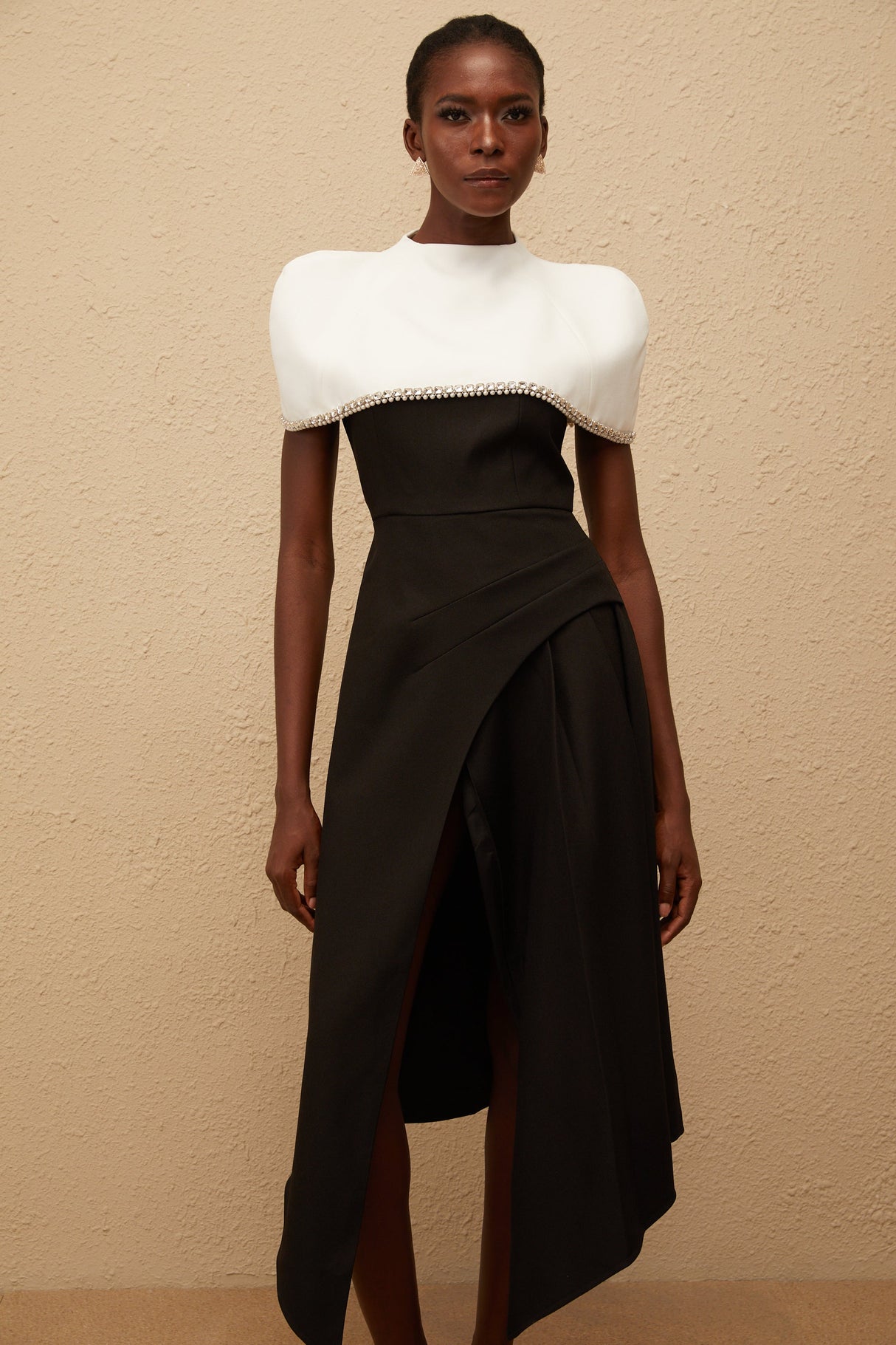 Aurohaya Fabienne Color Block Midi Dress with Embellished Shawl