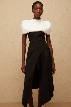 Aurohaya Fabienne Color Block Midi Dress with Embellished Shawl
