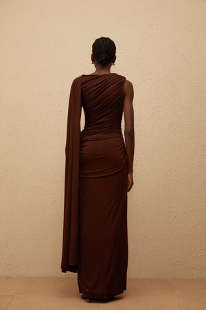 Aurohaya Paloma Brown Sleeveless Asymmetrical Ruched Knit Maxi Dress