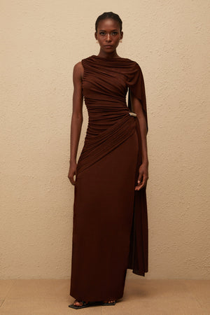 Aurohaya Paloma Brown Sleeveless Asymmetrical Ruched Knit Maxi Dress
