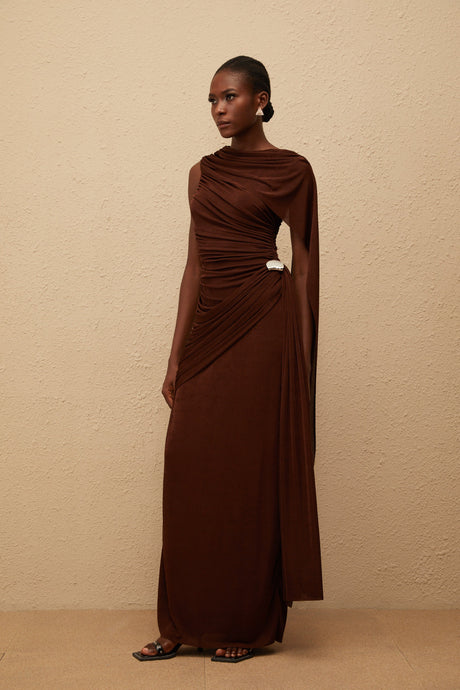 Aurohaya Paloma Brown Sleeveless Asymmetrical Ruched Knit Maxi Dress