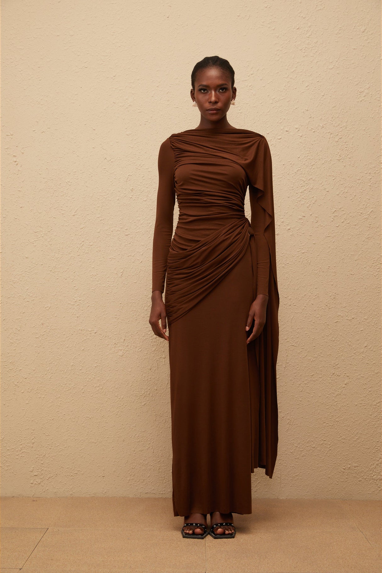 Aurohaya Paloma Brown Asymmetrical Ruched Knit Maxi Dress