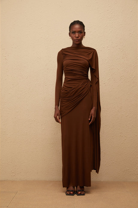 Aurohaya Paloma Brown Asymmetrical Ruched Knit Maxi Dress