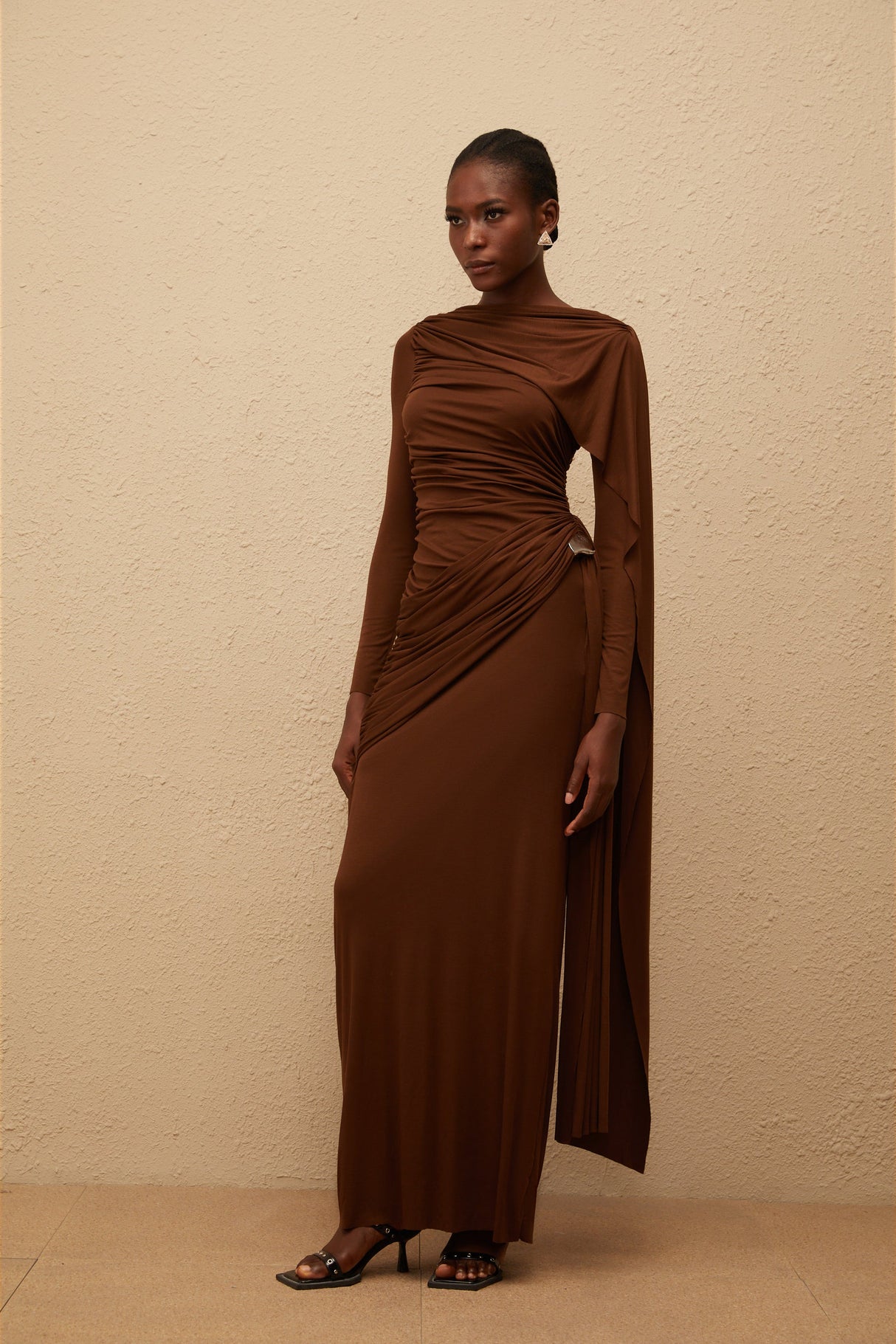 Aurohaya Paloma Brown Asymmetrical Ruched Knit Maxi Dress