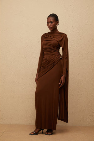 Aurohaya Paloma Brown Asymmetrical Ruched Knit Maxi Dress