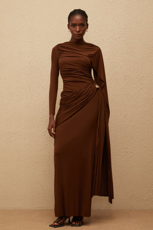 Aurohaya Paloma Brown Asymmetrical Ruched Knit Maxi Dress