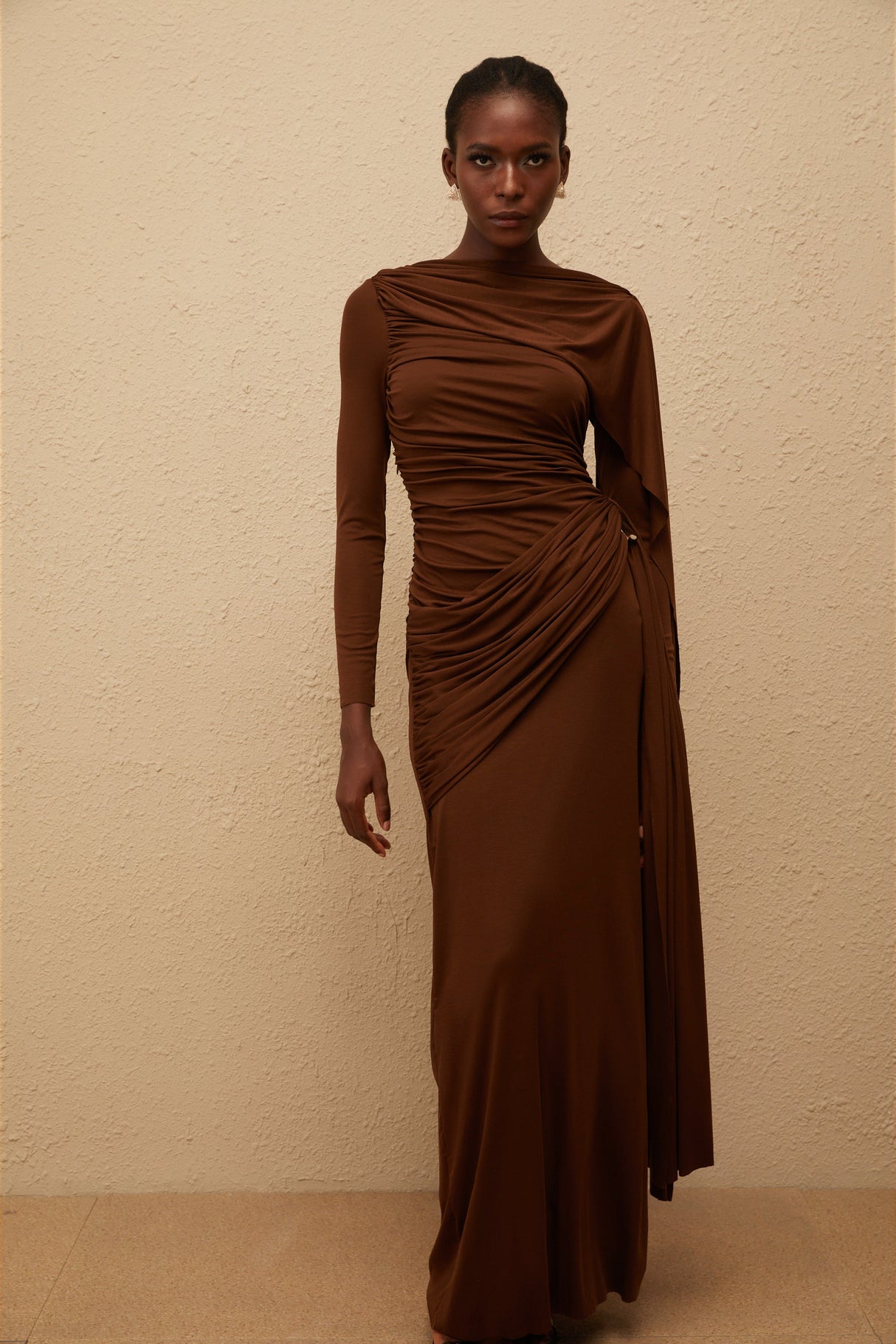 Aurohaya Paloma Brown Asymmetrical Ruched Knit Maxi Dress