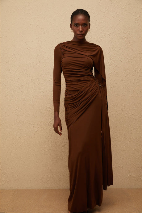 Aurohaya Paloma Brown Asymmetrical Ruched Knit Maxi Dress