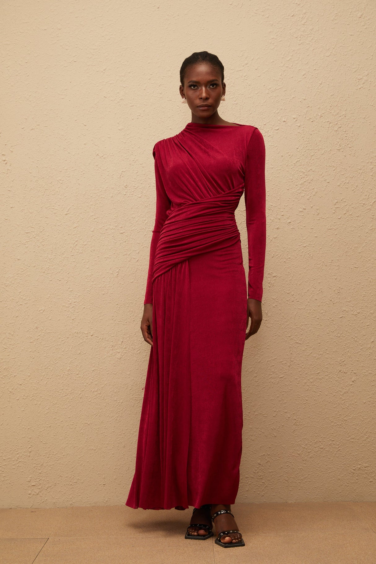 Aurohaya Charme Red Ruched Maxi Dress