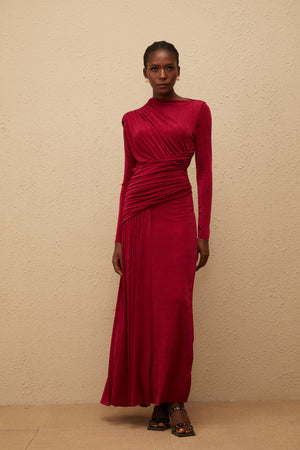 Aurohaya Charme Red Ruched Maxi Dress