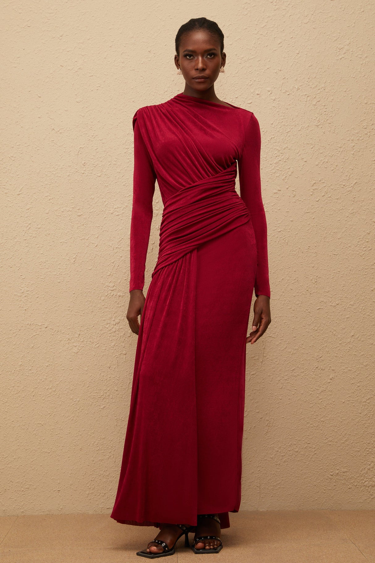 Aurohaya Charme Red Ruched Maxi Dress