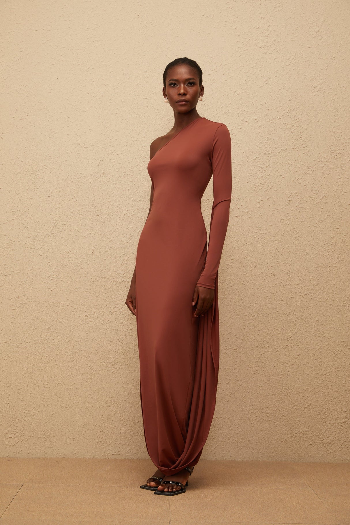 Aurohaya Aikaterini Brown Asymmetrical Draped Panel Midi Dress