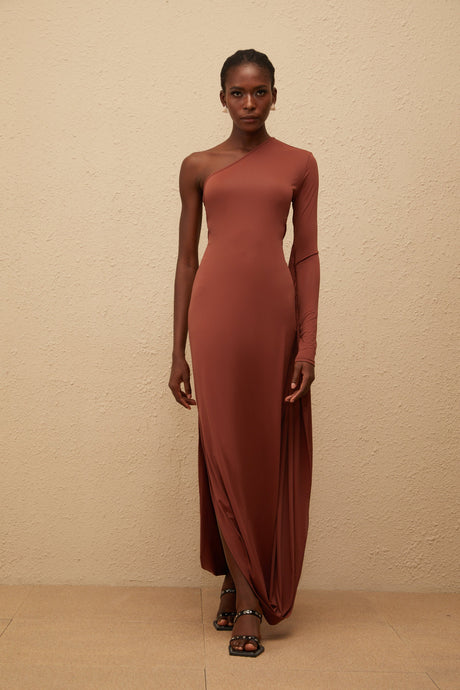 Aurohaya Aikaterini Brown Asymmetrical Draped Panel Midi Dress