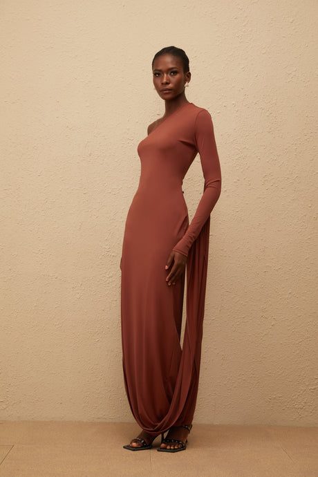 Aurohaya Aikaterini Brown Asymmetrical Draped Panel Midi Dress