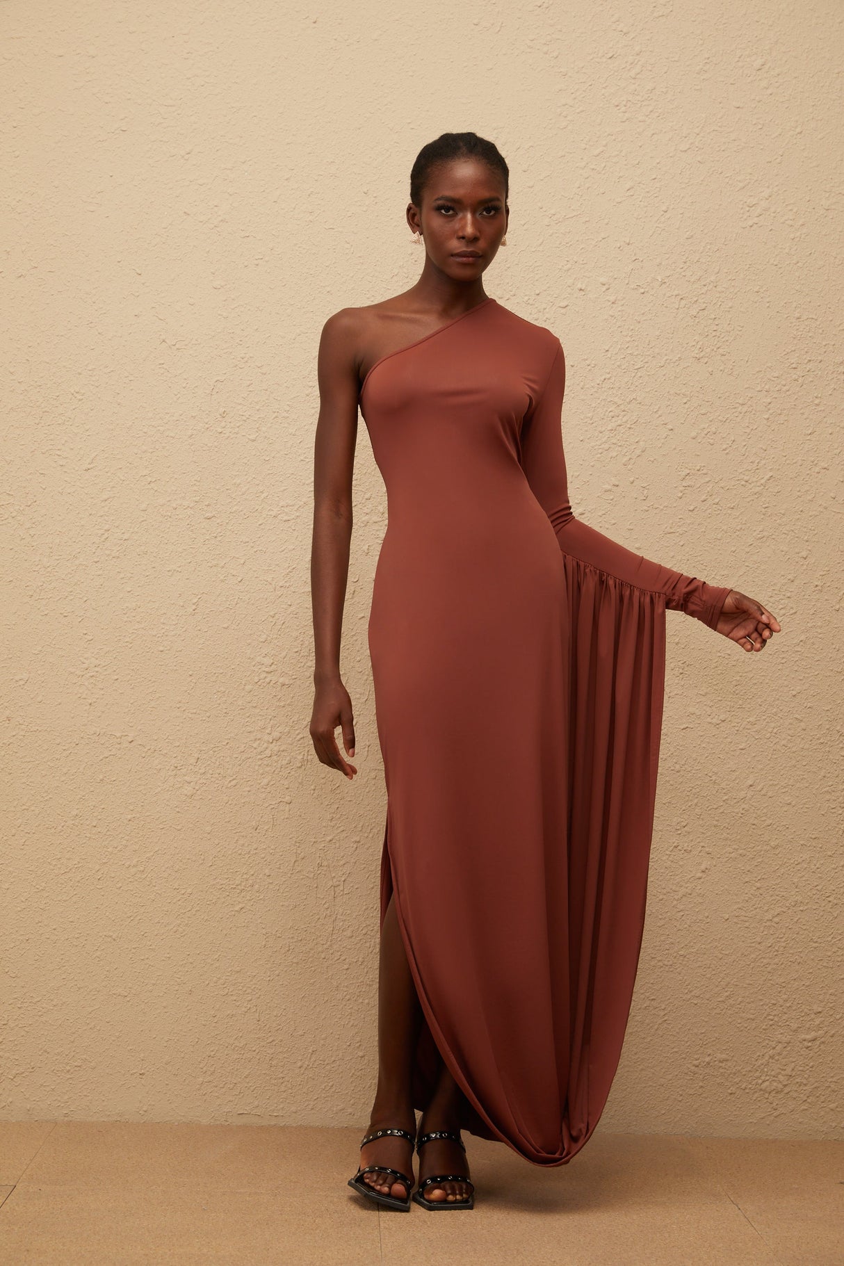 Aurohaya Aikaterini Brown Asymmetrical Draped Panel Midi Dress