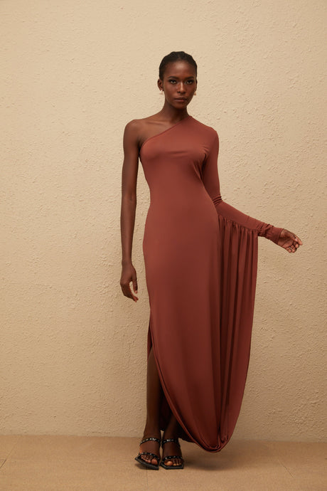 Aurohaya Aikaterini Brown Asymmetrical Draped Panel Midi Dress