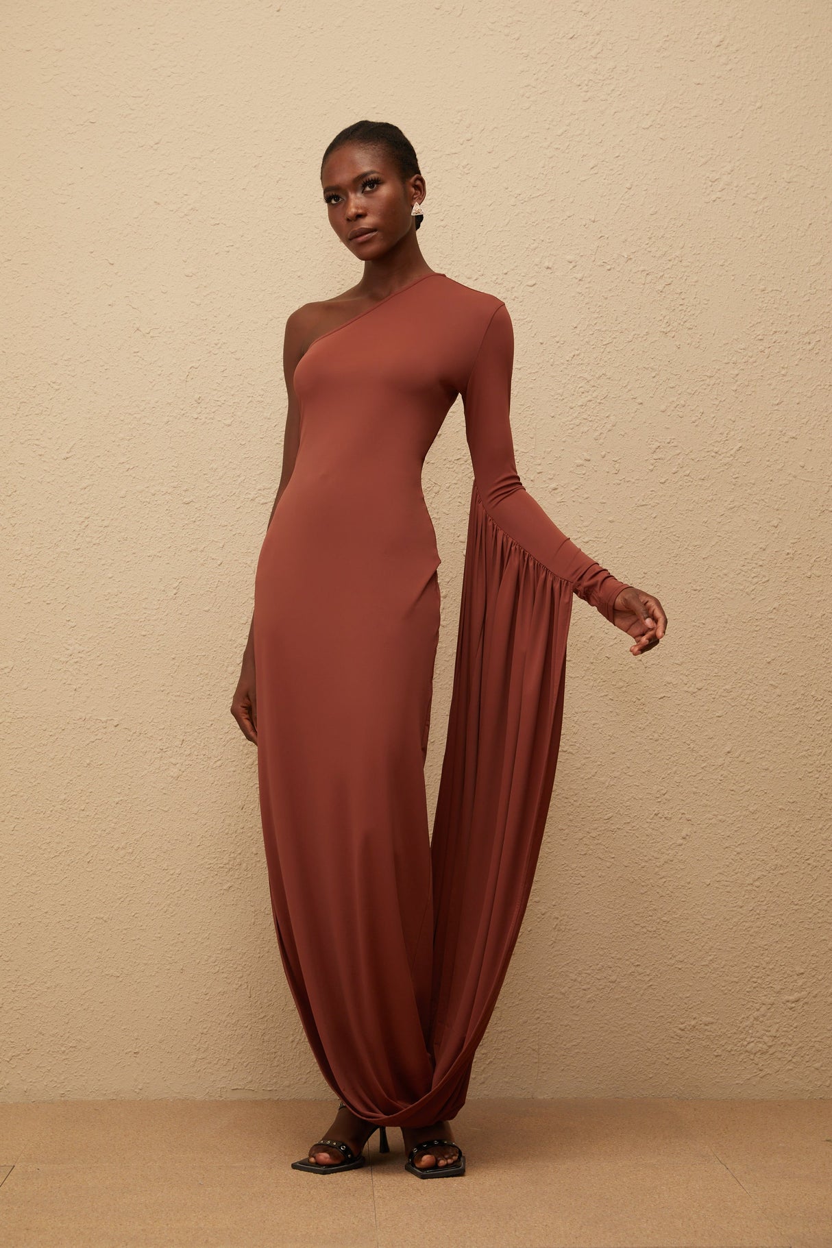 Aurohaya Aikaterini Brown Asymmetrical Draped Panel Midi Dress
