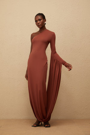 Aurohaya Aikaterini Brown Asymmetrical Draped Panel Midi Dress