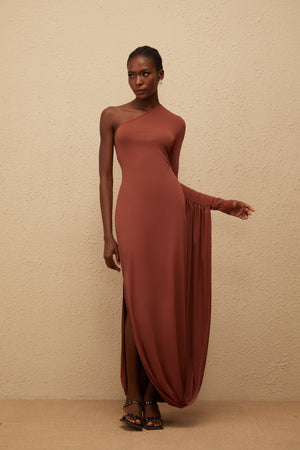 Aurohaya Aikaterini Brown Asymmetrical Draped Panel Midi Dress