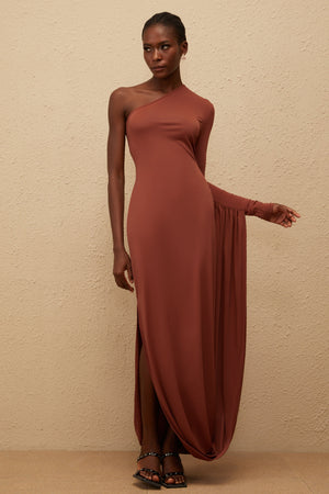 Aurohaya Aikaterini Brown Asymmetrical Draped Panel Midi Dress