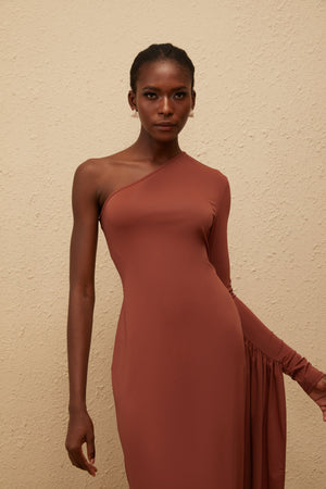 Aurohaya Aikaterini Brown Asymmetrical Draped Panel Midi Dress