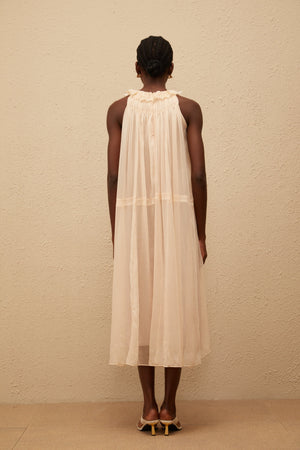Aurohaya Orélie Neutral Pleated Chiffon Midi Dress