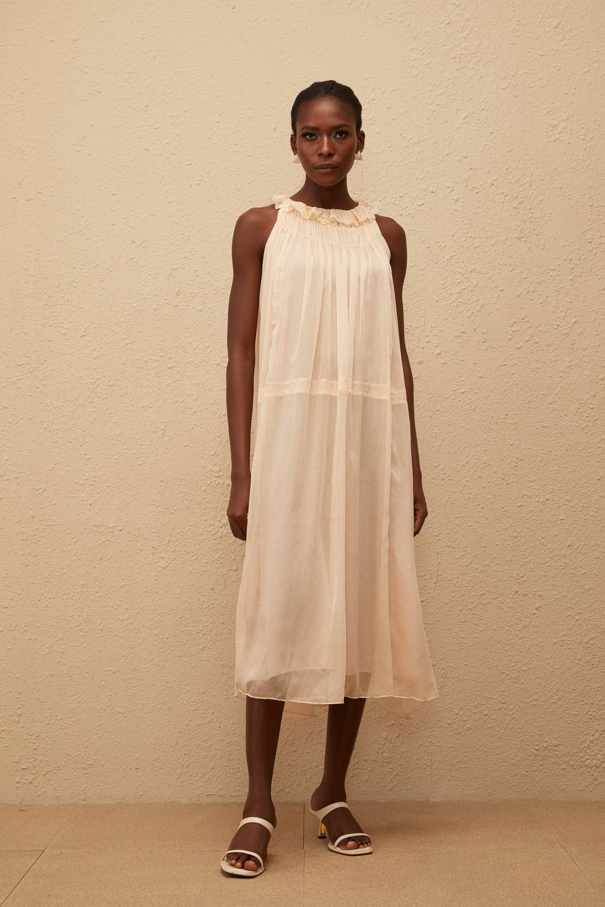Aurohaya Orélie Neutral Pleated Chiffon Midi Dress