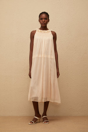 Aurohaya Orélie Neutral Pleated Chiffon Midi Dress