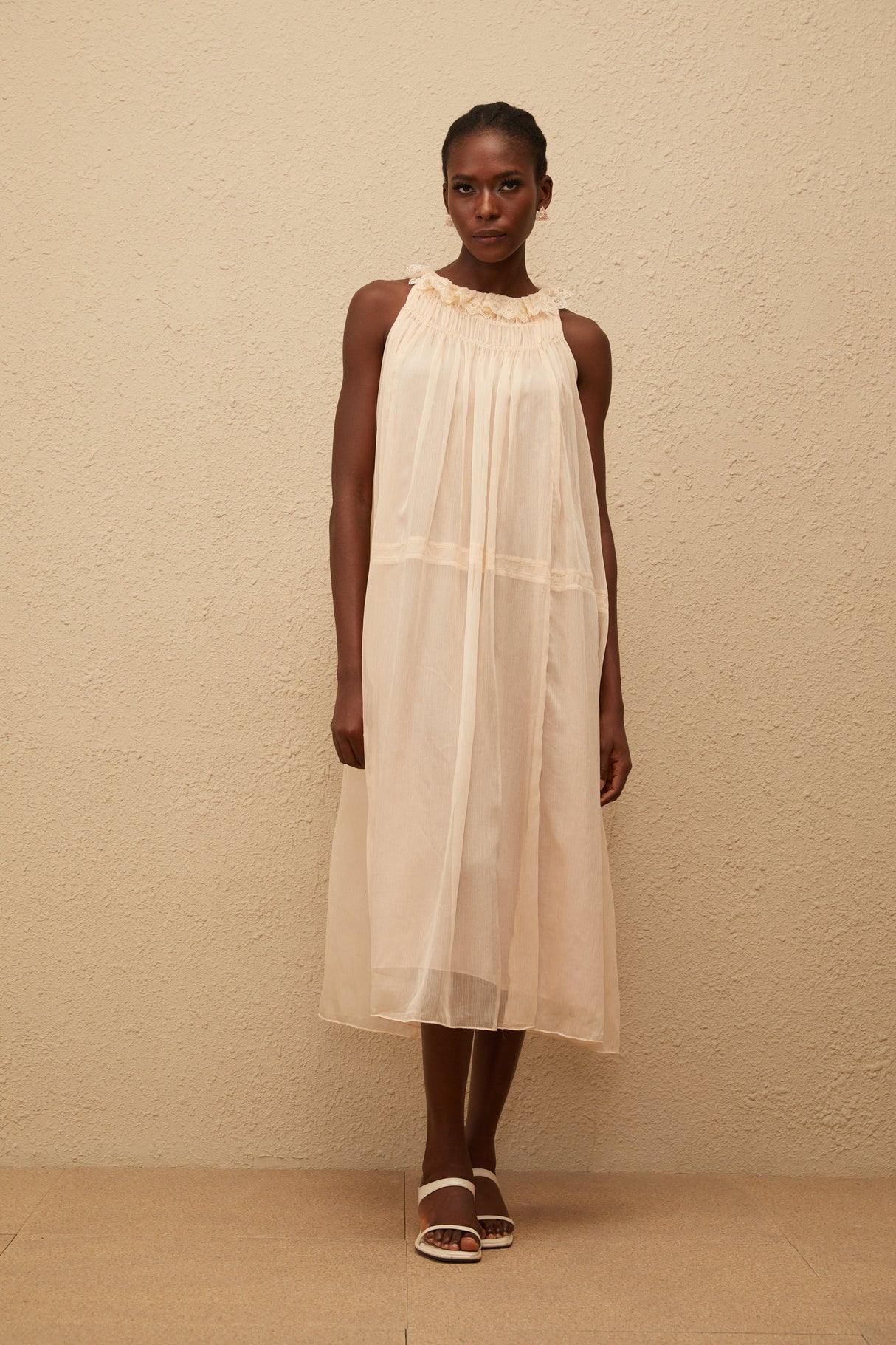 Aurohaya Orélie Neutral Pleated Chiffon Midi Dress