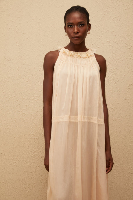 Aurohaya Orélie Neutral Pleated Chiffon Midi Dress
