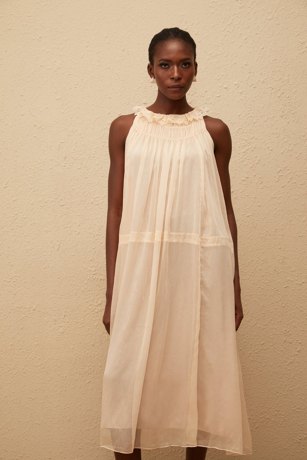 Aurohaya Orélie Neutral Pleated Chiffon Midi Dress