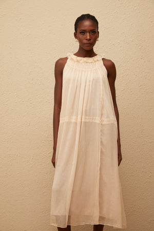 Aurohaya Orélie Neutral Pleated Chiffon Midi Dress