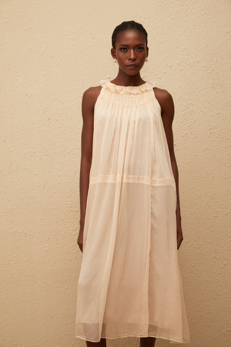 Aurohaya Orélie Neutral Pleated Chiffon Midi Dress
