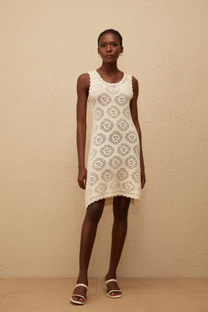 Aurohaya Ismérie White Scalloped Crochet Knit Mini Dress