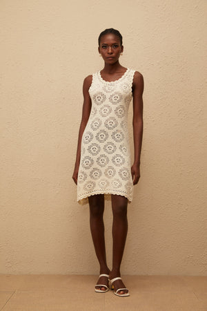 Aurohaya Ismérie White Scalloped Crochet Knit Mini Dress