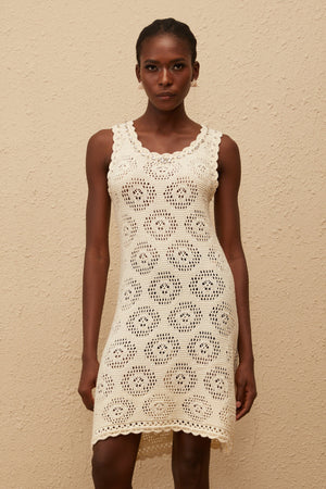 Aurohaya Ismérie White Scalloped Crochet Knit Mini Dress